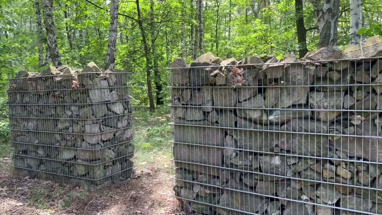 Original photograph at Bródno Jewish Cemetery: Recovered and displaced fragments of matzevot gathered together within the cemetery grounds.