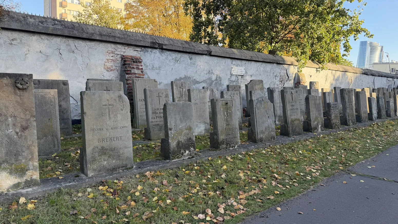 Older gravestones and fragments standing along a cemetery wall.